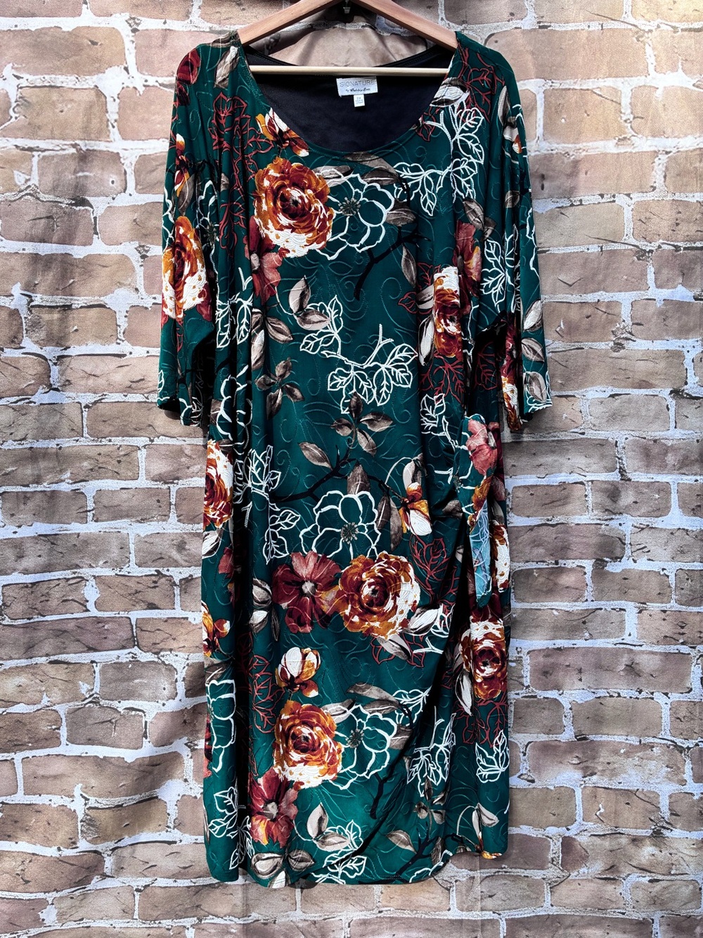 Vtg Signature 2X Robbie Bee Teal Fall Floral Midi stretch Dress Rust Cream Bloom